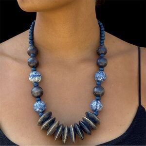 Vintage 90s Blue Denim Tone Wood Bead Necklace